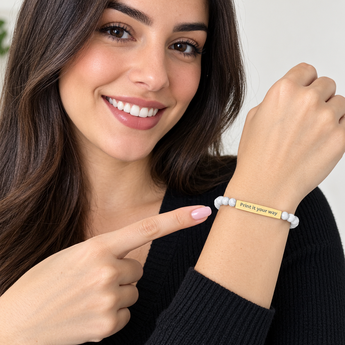 Pulseira Elástica de Pedra Natural com Gravação Personalizada